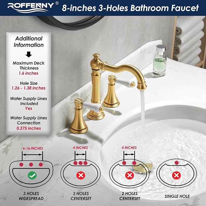 Porcelain 8 inch Widespread Brushed Gold Bathroom Faucet 3 Holes | Includes Plastic Pop-Up Drain & Two 23.6" Supply Lines, Classical 8" Spread Lavatory & Bath Vanity Sink Faucets, Brass Spout