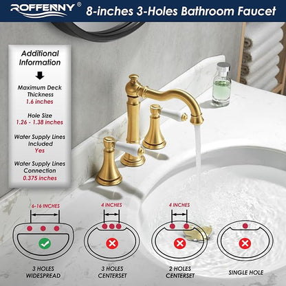 Porcelain 8 inch Widespread Brushed Gold Bathroom Faucet 3 Holes | Includes Plastic Pop-Up Drain & Two 23.6" Supply Lines, Classical 8" Spread Lavatory & Bath Vanity Sink Faucets, Brass Spout