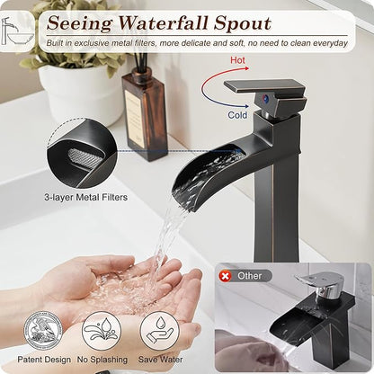 Bronze Waterfall Vessel Sink Faucet, Brass 12 Inch Tall Bathroom Faucets Single Hole Single Handle for Bathroom Bowl Sink with Pop-up Drain & Hoses for Vanity Countertop Modern Farmhouse