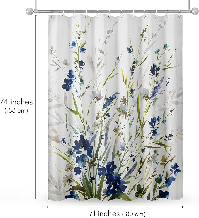 Americanflat 71x74 Floral Shower Curtain - Water-Resistant Long Shower Curtain with Durable Metal Grommets and 12 Hooks - 100% Polyester - Botanical Bathroom Curtains - Blue, Green, Taupe and White