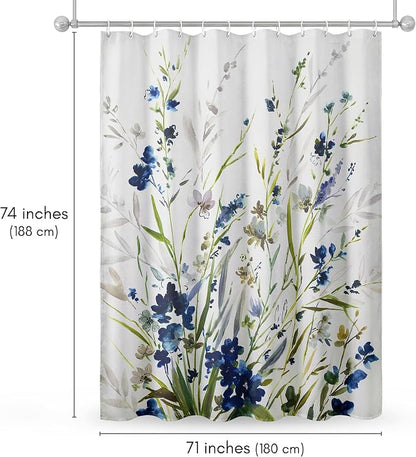 Americanflat 71x74 Floral Shower Curtain - Water-Resistant Long Shower Curtain with Durable Metal Grommets and 12 Hooks - 100% Polyester - Botanical Bathroom Curtains - Blue, Green, Taupe and White