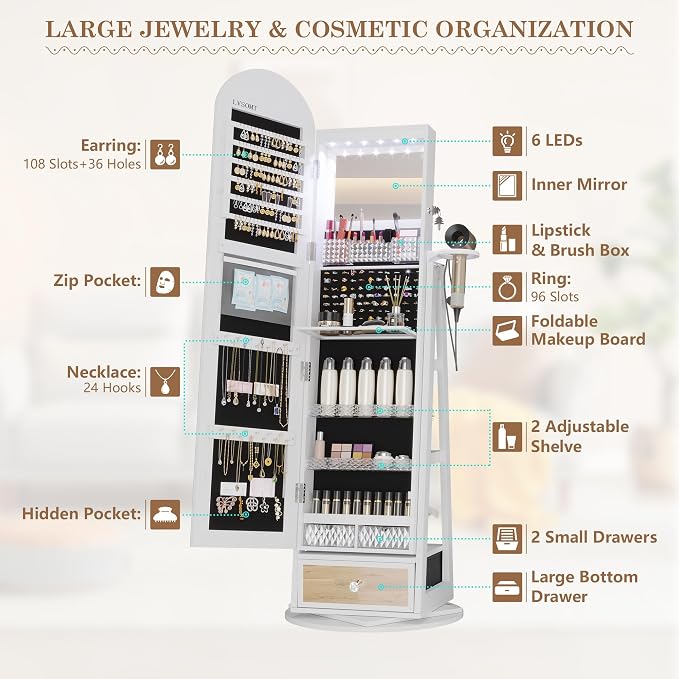 LVSOMT 64" H Arched LED Mirror Jewelry Cabinet Standing, White | 360° Swivel Full-Length Mirror with Storage, Lockable Jewelry Organizer with Inner Makeup Shelf, Gift for Women