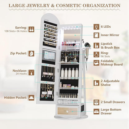 LVSOMT 64" H Arched LED Mirror Jewelry Cabinet Standing, White | 360° Swivel Full-Length Mirror with Storage, Lockable Jewelry Organizer with Inner Makeup Shelf, Gift for Women