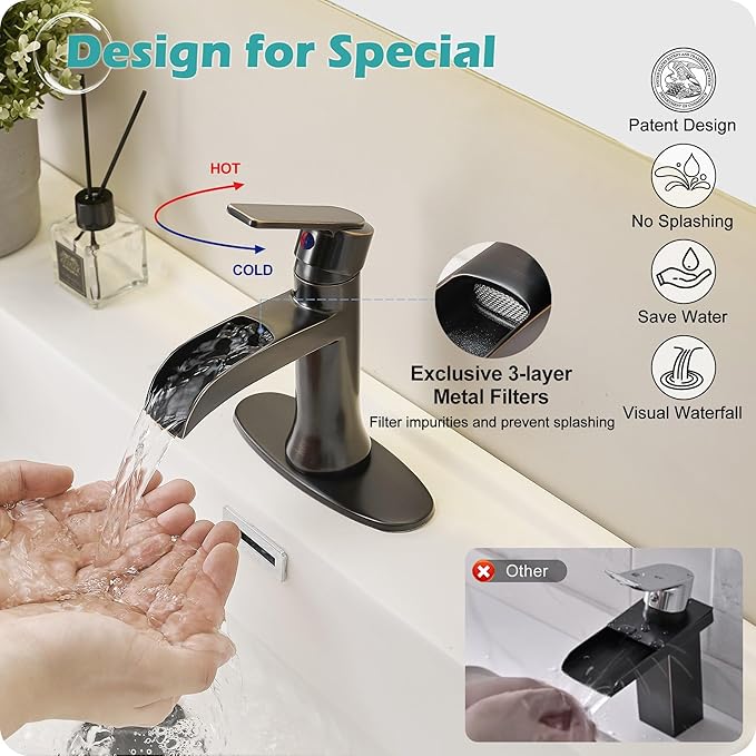 Waterfall Bathroom Sink Faucet Oil Rubbed Bronze, Brass Single Handle Bathroom Faucet 1 Hole or 3 Hole (4 Inch), Modern Bathroom Vanity Faucets with Pop Up Drain & Deck Plate for Rv Farmhouse