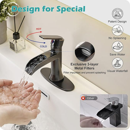 Waterfall Bathroom Sink Faucet Oil Rubbed Bronze, Brass Single Handle Bathroom Faucet 1 Hole or 3 Hole (4 Inch), Modern Bathroom Vanity Faucets with Pop Up Drain & Deck Plate for Rv Farmhouse