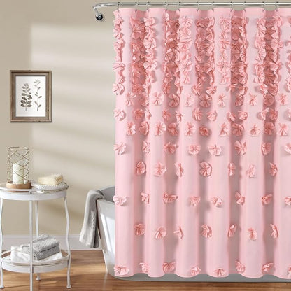 Lush Decor Riley Shower Curtain, 72" W x 72" L, Pink - Bathroom Curtain - Coquette Decor - Bow Shower Curtains - Cottage Core - Fabric Shower Curtains