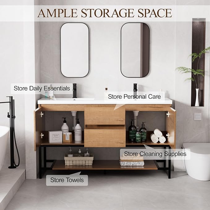 LUCKWIND 60" Modern Bathroom Vanity with Dual White Sink Combo, Freestanding Storage Cabinet with Metal Frame, Matte Black Faucet and Open Shelf and 2 Soft-Closing Door, Natural