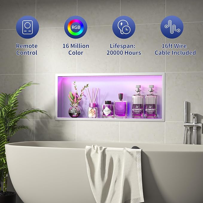 Led Shower Niche 30" X 12" Brushed with RGB Light 304 Stainless Steel Niche Shower for Bathroom Storage Waterproof Hardwired Dimmable Horizontal Installation