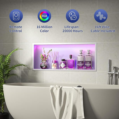 Led Shower Niche 30" X 12" Brushed with RGB Light 304 Stainless Steel Niche Shower for Bathroom Storage Waterproof Hardwired Dimmable Horizontal Installation