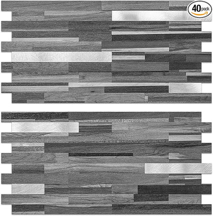 AULIGET 40 Sheets Peel and Stick Backsplash, Black & Grey Wood Look PVC Mixed Metal Stick on Backsplash Tiles for Kitchen