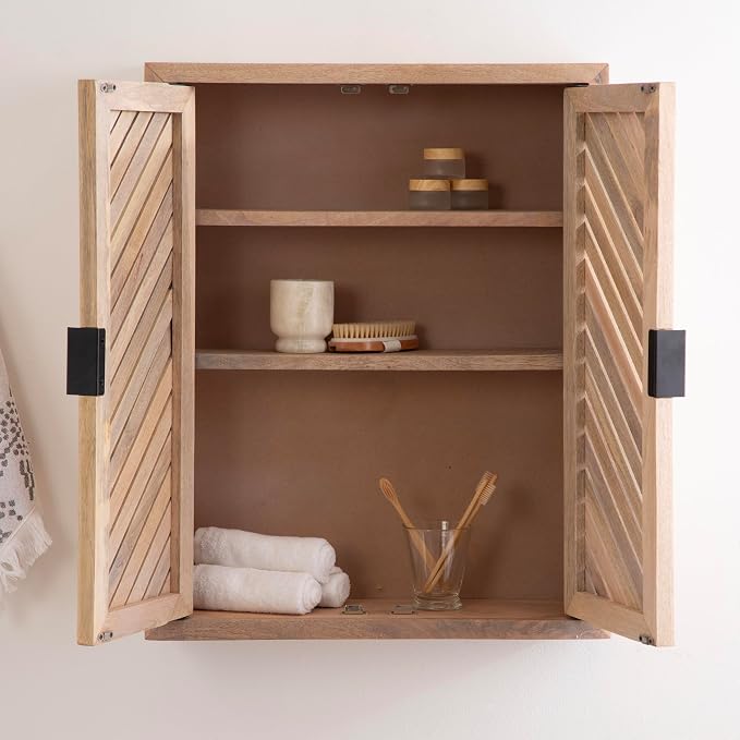 Kate and Laurel Mezzeta Decorative Modern Two-Door Floating Bathroom Cabinet; 22 x 7 x 28; Natural Wood; Decorative Solid Mango Wood Over the Toilet Storage Cabinet with Slatted Chevron Design