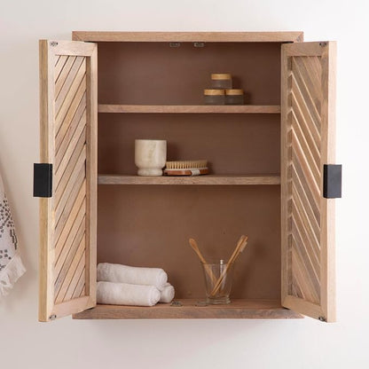 Kate and Laurel Mezzeta Decorative Modern Two-Door Floating Bathroom Cabinet; 22 x 7 x 28; Natural Wood; Decorative Solid Mango Wood Over the Toilet Storage Cabinet with Slatted Chevron Design