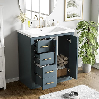 Merax Herringbone Single Sink Bathroom Vanity, Freestanding 30" Modern Bathroom Vanity Storage Cabinet with 3 Drawers and 2 Doors, Solid Wood Frame