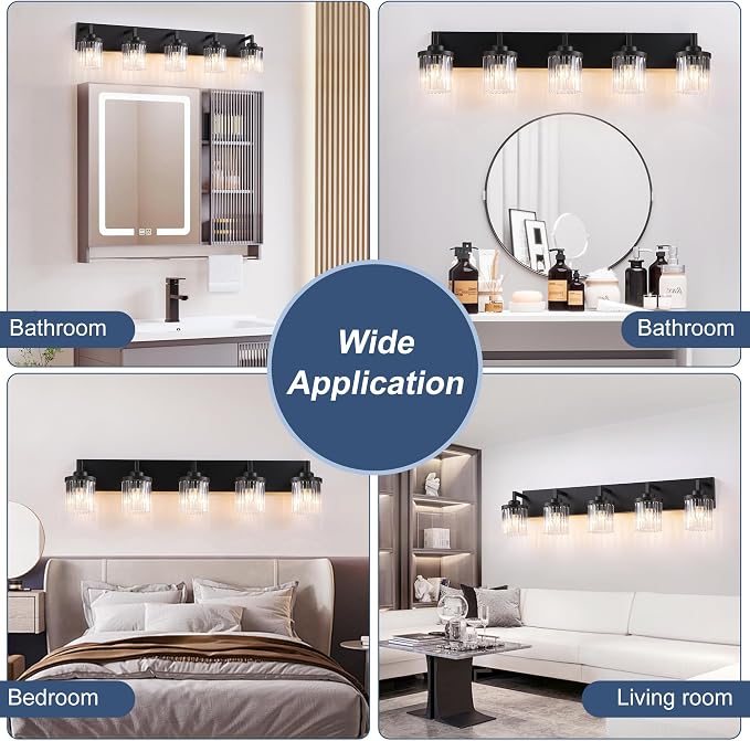 5-Light Black Bathroom Vanity Light, Crystal Glass Shades | Modern Wall Lighting Fixtures Over Mirror, for Bathroom, Matte Black Finish, Rust-resistant Metal, Farmhouse Industrial Style