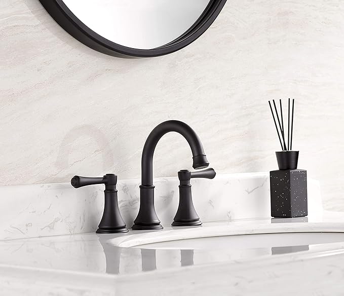 Matte Black 8 inch Widespread Bathroom Sink Faucet 3 Holes with Pop-Up Drain, 2 Handle Modern Bathroom/Vanity/Lavatory Faucet with Brass 360° Swivel Spout, TAF830Y-MB