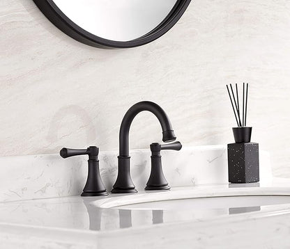 Matte Black 8 inch Widespread Bathroom Sink Faucet 3 Holes with Pop-Up Drain, 2 Handle Modern Bathroom/Vanity/Lavatory Faucet with Brass 360° Swivel Spout, TAF830Y-MB