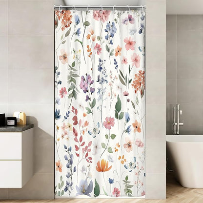 Small Stall Boho Pink Floral Colorful Natural Bathroom Shower Curtain Set | 36"W x 72"H Watercolor Butterfly; waterproof HD print, quick-dry fabric and plastic hooks for easy setup.