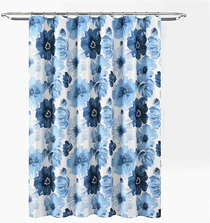 Lush Decor Leah Floral Shower Curtain, 72" W x 72" L, Navy & White - Fabric Shower Curtains - Watercolor Botanical Bathroom Curtain - Farmhouse & French Country Decor