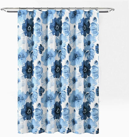 Lush Decor Leah Floral Shower Curtain, 72" W x 72" L, Navy & White - Fabric Shower Curtains - Watercolor Botanical Bathroom Curtain - Farmhouse & French Country Decor