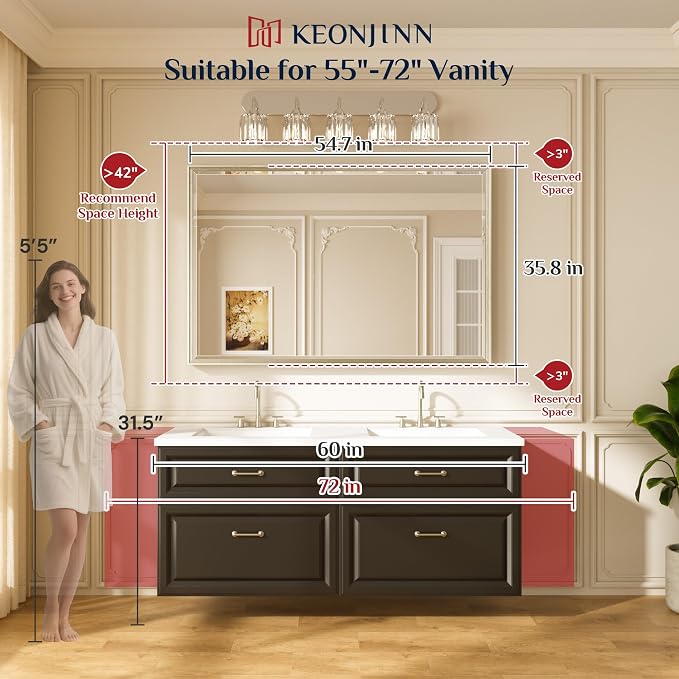 Keonjinn 55" x 36" Gold Bathroom Vanity Mirror, Aluminum Alloy Frame, Large | Safe HD Tempered Glass, Effortless French Cleat Installation, Shatterproof, Gold Vanity Mirror for Over Sink, Dinning Room