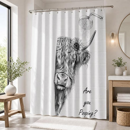 Funny Cow Shower Curtain, Fun Highland Cow Farmhouse Bath Curtain | 72x72 Inches, Waterproof Polyester Fabric, Cute Western Cattle Bathroom Decor for Home Decorations, Includes 12 Hooks