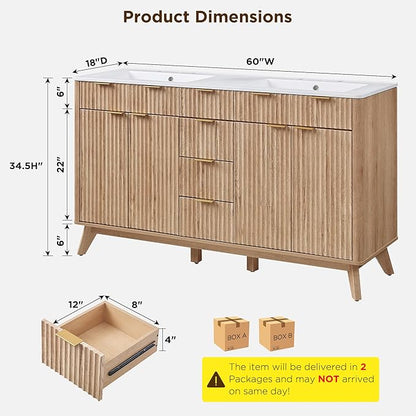T4TREAM 60" Fluted Bathroom Vanity with Resin Sink Combo，Freestanding Modern Bathroom Storage Vanity Cabinet with Soft Closing Doors & 3 Drawers，Wood Grain Texture，Metal Handle，Natural Oak