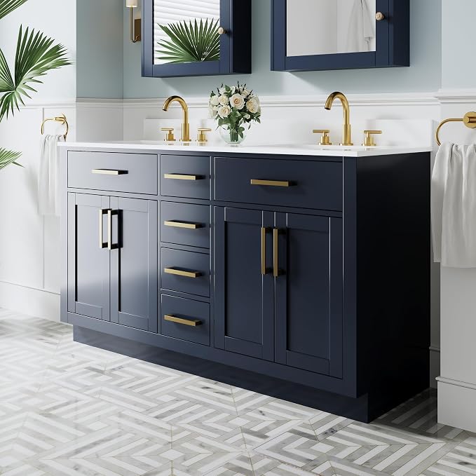 60-Inch Bathroom Vanity with Double Sinks W/ 4 Doors & 4 Drawers & 2 Flip Drawers, Navy Blue Vanity W/Brushed Gold Handles