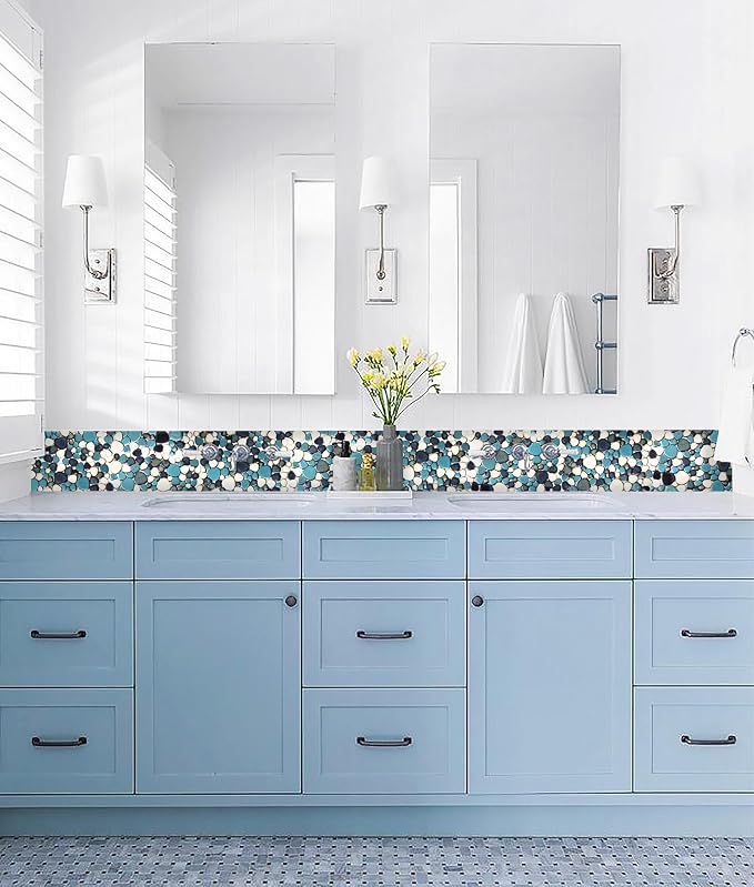 Pebble Tiles 5 Sheets, Aqua Teal Blue Mosaic Tiles for Accent Wall Backsplash, Pebble Tile for Bathroom Shower Floor