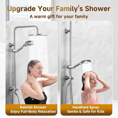 BRIGHT SHOWERS Rain Shower Heads System Including Rainfall Shower Head and Handheld Shower Head with Height Adjustable Holder, Solid Brass Rail, 60 Inch Long Stainless Steel Shower Hose, Chrome