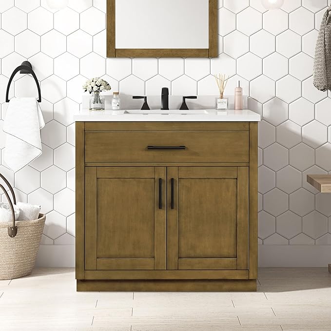OVE Decors Bailey 36 in. Single Sink Freestanding Almond Latte Bathroom Vanity with White Quartz Top and Matching Backsplash