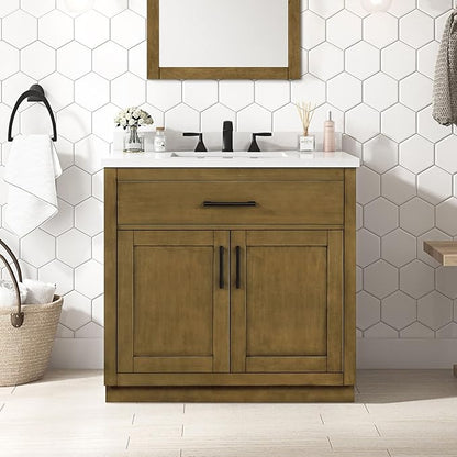 OVE Decors Bailey 36 in. Single Sink Freestanding Almond Latte Bathroom Vanity with White Quartz Top and Matching Backsplash