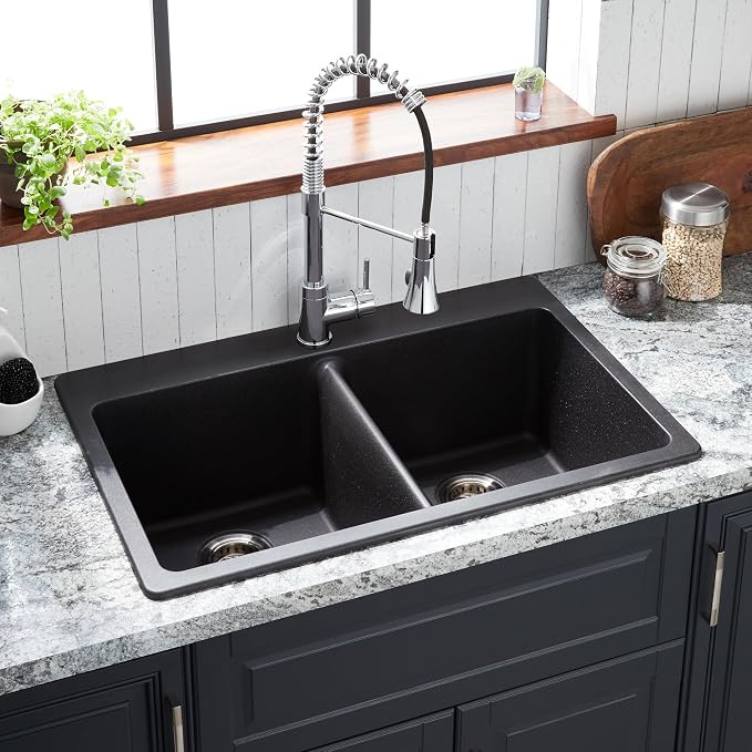 Signature Hardware 447668 Totten 33" Drop In or Undermount 50/50 Double Basin Granite Composite Kitchen Sink | Drop In / Undermount, Granite Composite, White - Black
