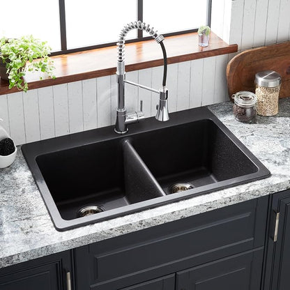Signature Hardware 447668 Totten 33" Drop In or Undermount 50/50 Double Basin Granite Composite Kitchen Sink | Drop In / Undermount, Granite Composite, White - Black