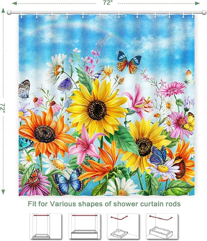 Shower Curtain Sunflowers Waterproof for Bathroom with Hooks 72x72 | Vibrant Colorful Floral Butterly Shower Curtain Washable Polyester Fabic Home Farmnouse Office Decor Bath Curtains