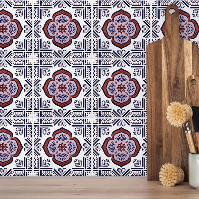 DICOFUN 32 Colorful Talavera Mexican Tile Peel and Stick Backsplash, 6" x 6" Waterproof Stick on Wall Tiles (Style 6)