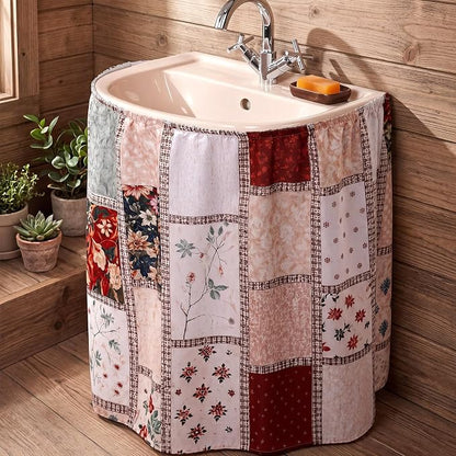 Hahafelt Self-Adhesive Sink Skirt, 55"x32" Waterproof Fabric Under Sink Cover with Diamond Stitch, Hide Pipes & Storage for Bathroom, Kitchen, Laundry Room, Rental Home Decor (Boho)