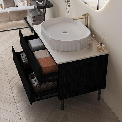 36" Bathroom Vanity with Above Oval Sink Set, Modern Black 2-in-1 Wall Mounted & Freestanding Bathroom Vanity Cabinet with Sintered Stone top&4 Storage Drawers, Bathroom Single Sink Cabinet