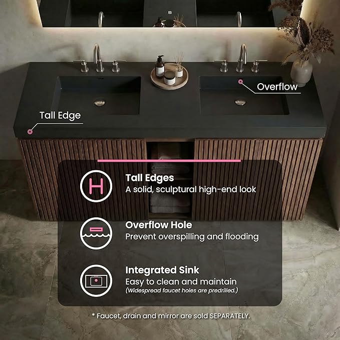 72" Bathroom Vanity with Sink Combo, Mid Century Modern Bathroom Cabinet with 4 Doors & Open Shelf, Matte Black Integrated Sink with Overflow, Brown Walnut