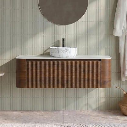 48" Preassembled Floating Bathroom Vanity with Carrara Finish Sink, Walnut | Mid-Century Modern Style, Fluted & Soft-Close Drawer with U-shaped Wall, Sinterted Stone Countertop, Towel Rack Included