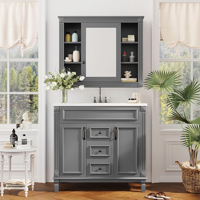 36" Bathroom Vanity with Top Sink, Mirror Cabinet, Modern Bathroom Storage Cabinet with 2 Soft Closing Doors and 2 Drawers, Single Sink Bathroom Vanity