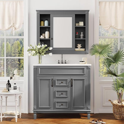 36" Bathroom Vanity with Top Sink, Mirror Cabinet, Modern Bathroom Storage Cabinet with 2 Soft Closing Doors and 2 Drawers, Single Sink Bathroom Vanity