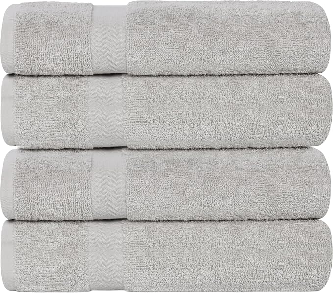 SUPERIOR 4-Piece Cotton Bath Towel Set, Towels for Adults, Kids, Fast Drying Body Towels, Shower, Bath, Pool, Guest/Master Bathroom Essentials, Dorm, Home, Apartment, Franklin Collection, Silver