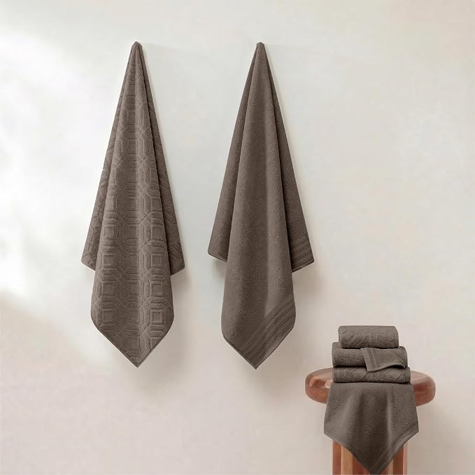 Modern Threads 6 Piece Cotton Bath Towel Set – Ultra Soft 550 GSM Towels – Bathroom Set with Hand Towels and Washcloths – Geometric (Classic Taupe)