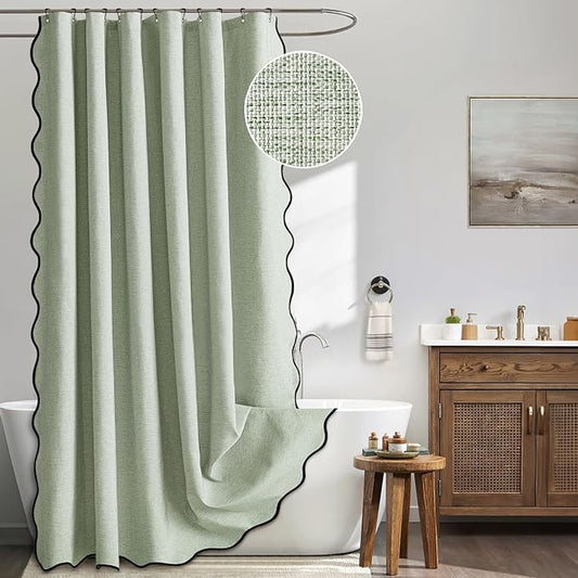 MIULEE 72"x84" Extra Long Scalloped Linen Shower Curtain Sage Green | Linen Textured, Waterproof, Washable, 12 Metal Hooks, Heavy Duty Cloth, Black Border, Shower Curtain for Bathroom Bathtub