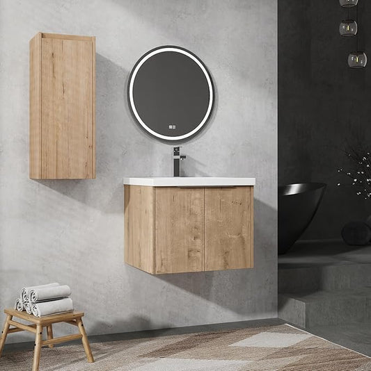Henf 24" Floating Bathroom Vanity with Sink for Compact Space, Brown Wall Mount Bathroom Vanity Cabinet with Sink Combo, 24 Inch Bathroom Vanities Set with Side Cabinet Floating Cabinet