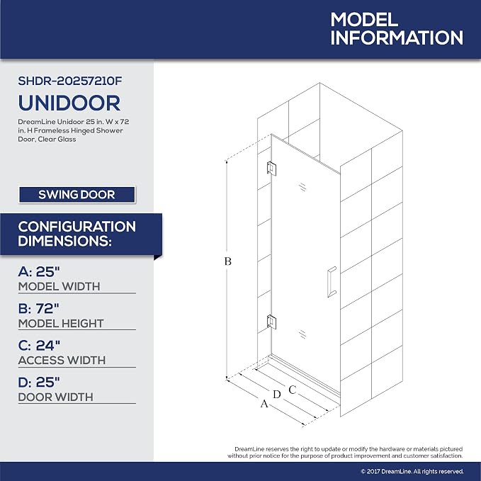 DreamLine Unidoor 25 in. W x 72 in. H Frameless Hinged Shower Door in Brushed Nickel, SHDR-20257210F-04