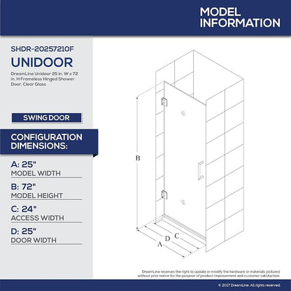 DreamLine Unidoor 25 in. W x 72 in. H Frameless Hinged Shower Door in Brushed Nickel, SHDR-20257210F-04