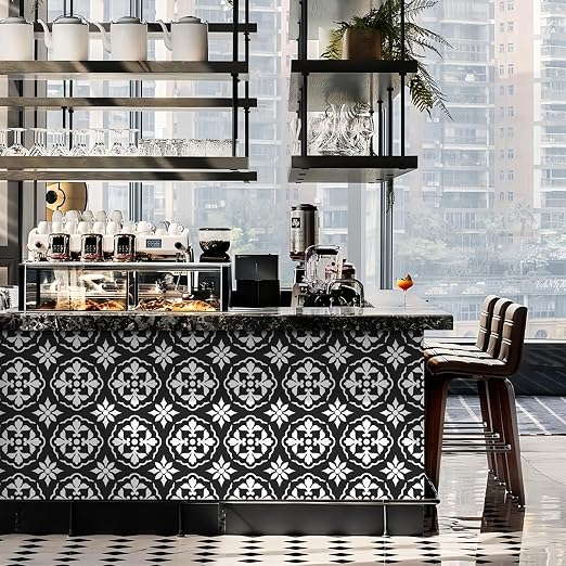 MORCART 20PCS 7.87" x 7.87" Peel and Stick Floor Tile, Black & White Retro | Self-Adhesive DIY Vinyl Flooring, Removable and Waterproof Tile Sticker for Bathroom, Kitchen, Wall, Bedroom, Stairs