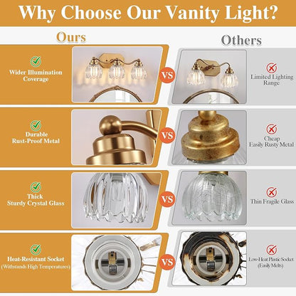 Bathroom Vanity Light, Gold Vintage Tulip Glass Shade, Antique Brass Finish | 3 Light Brushed Gold Bathroom Light Fixtures, Crystal Wall Sconce, Mounted Over Mirror for Bedroom Hallway, Easy to Install