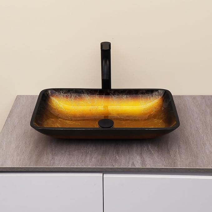 Logmey 22" Glass Bathroom Vessel Sink Vanity Countertop Rectangular Bowl with Black Pop up Drain Set,Glass Art Basin,Yellow Gradient